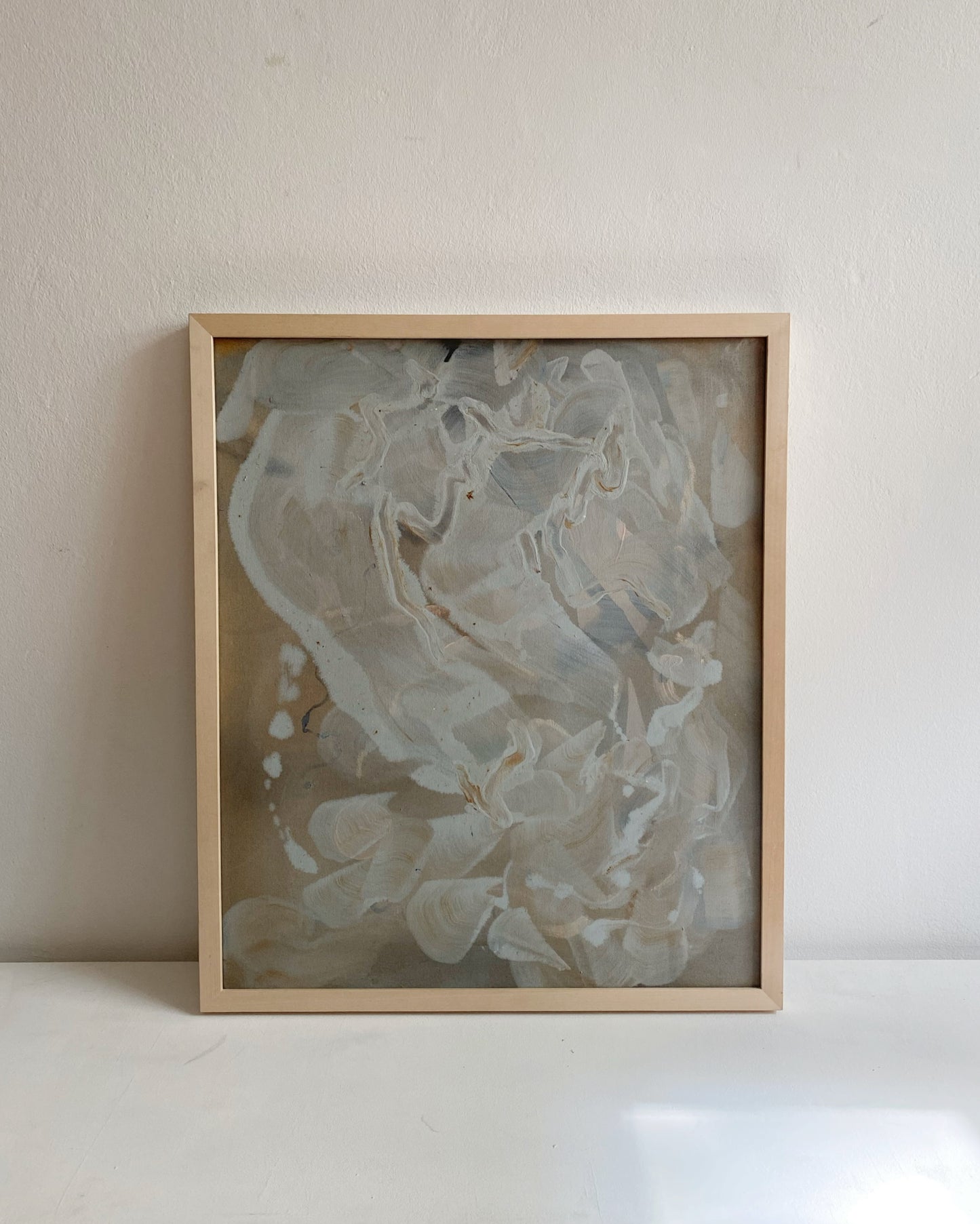 Blue moon mood- abstract painting by Victoria Elisabeth studio soft calm tonal ice blue and muted earthones 50x60cm 