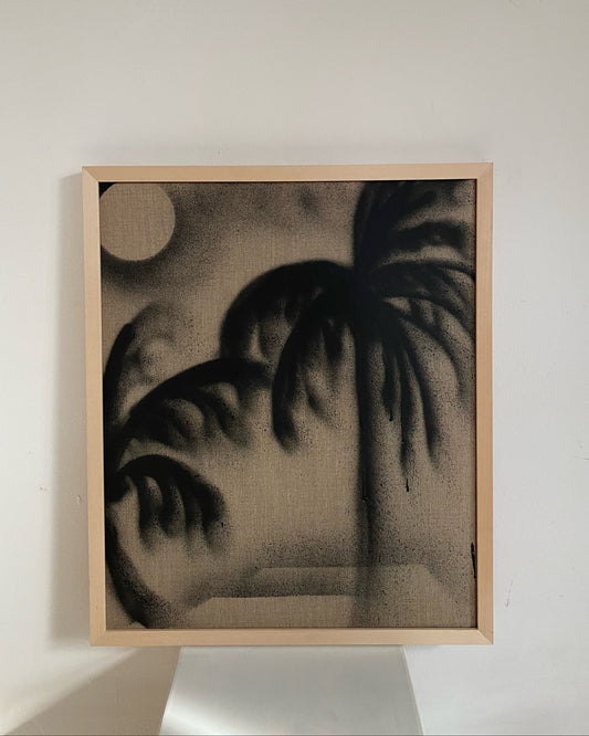 palmas palm tree painting raw linen canvas neutral tones abstrakte Kunst original wandkunst für mallorca midcentury interior